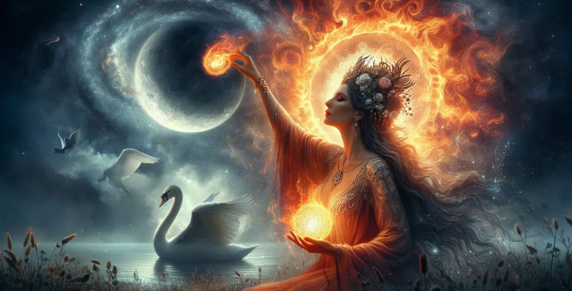 beautiful crone goddess in fire healing the cosmos with one swan in the background